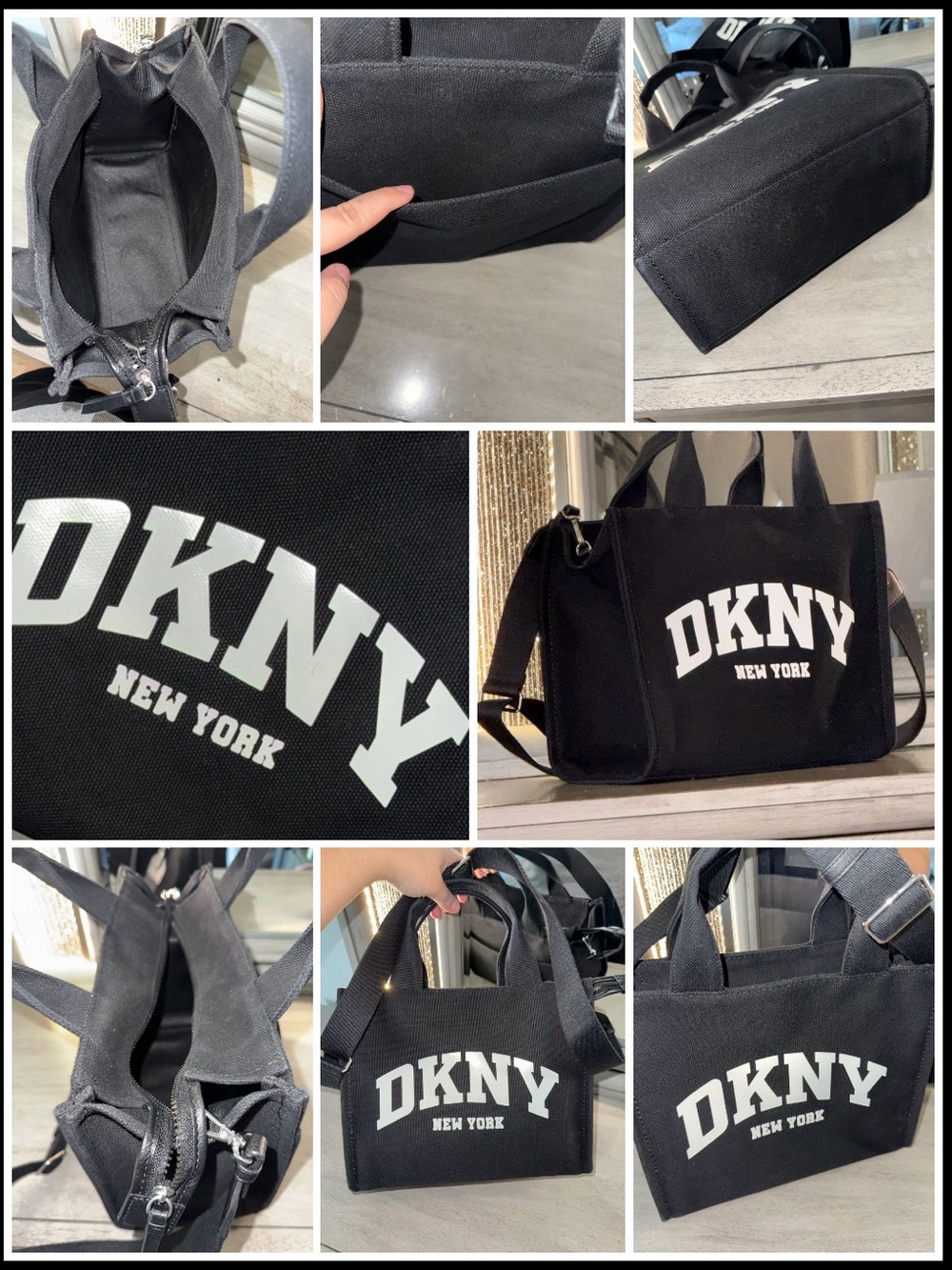 DKNY Black Canvas Logo Tote with White Print